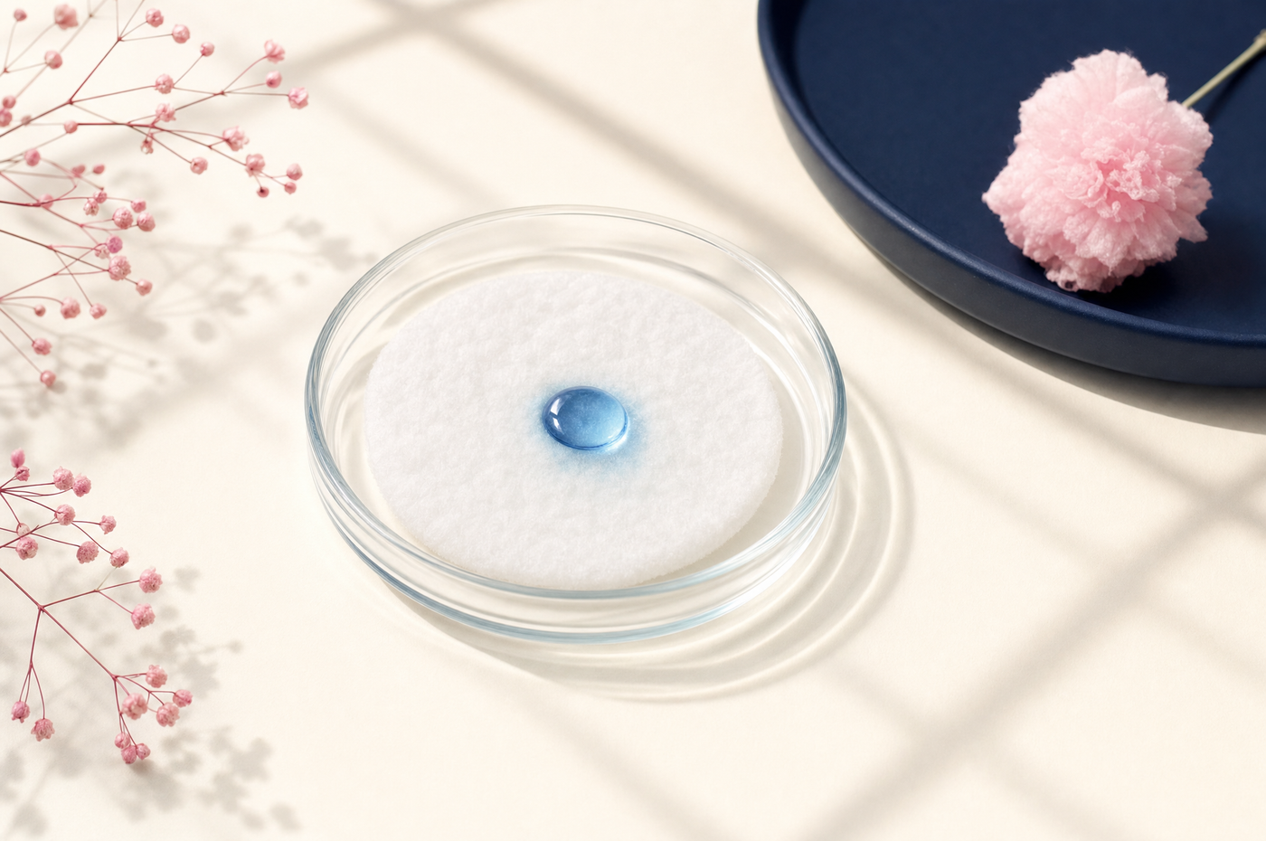 Absorbency lab test: blue droplet on a cotton pad