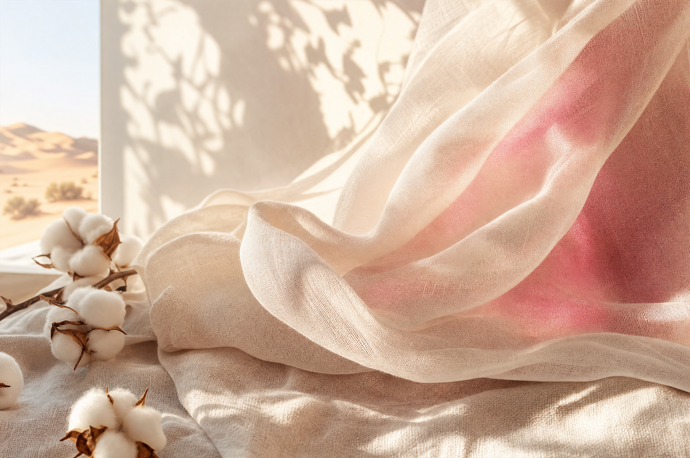 Sheer organic cotton in warm Gulf sunlight, breathability