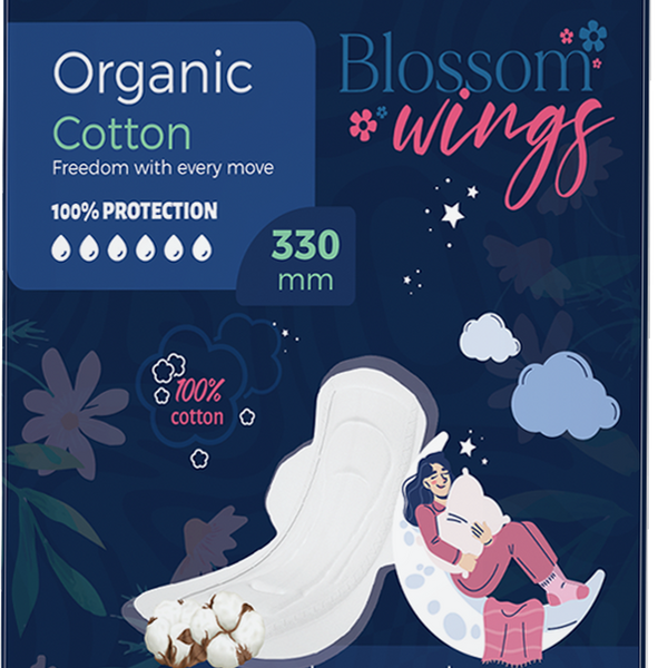 Blossom Wings Night Pads collection — 330mm extended-length organic cotton overnight pads