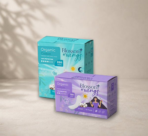 Blossom Wings Day Pads collection — 180mm and 260mm organic cotton sanitary pads