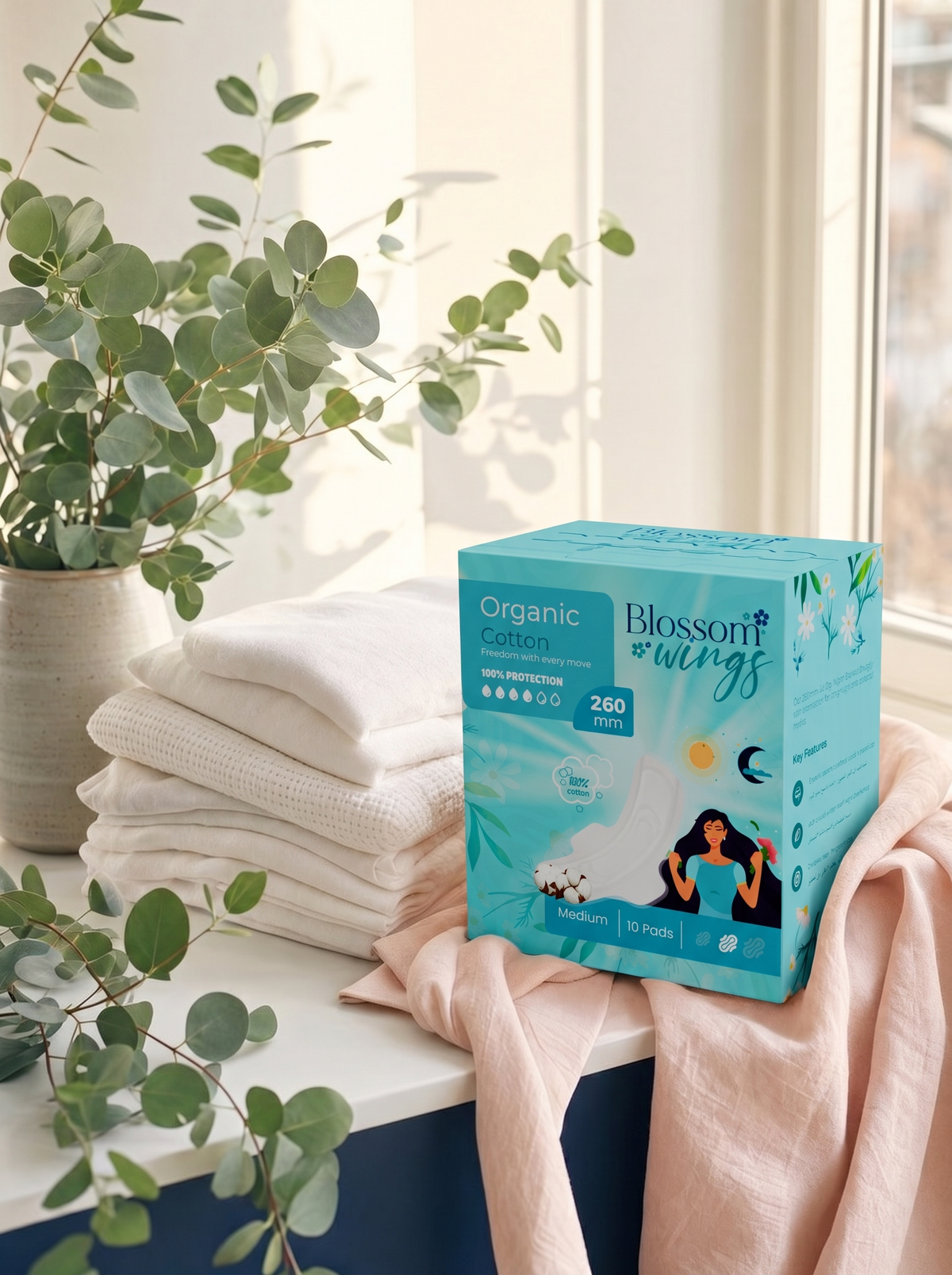 Blossom Wings Organic Cotton 260mm carton in a sustainable home setting