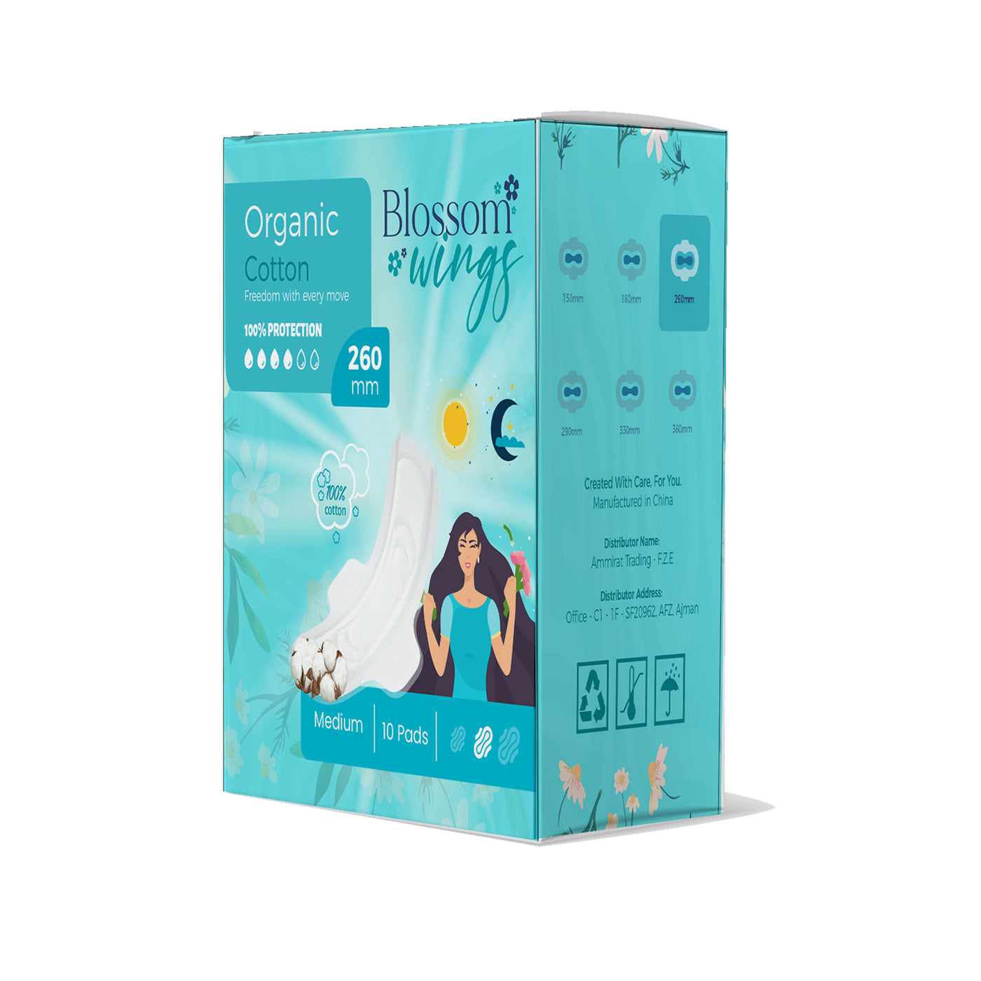 Blossom Wings Day Pad 260mm — open box of 10 organic cotton sanitary pads with wings