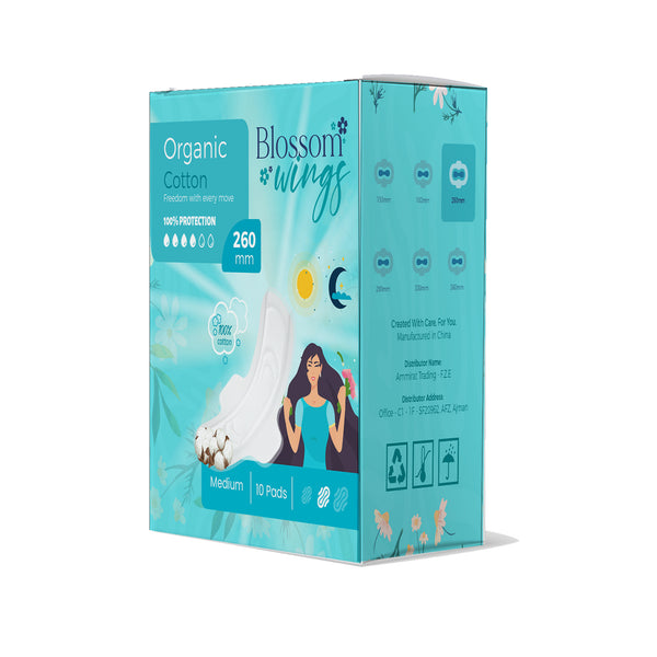 Blossom Wings Day Pad 260mm — open box of 10 organic cotton sanitary pads with wings